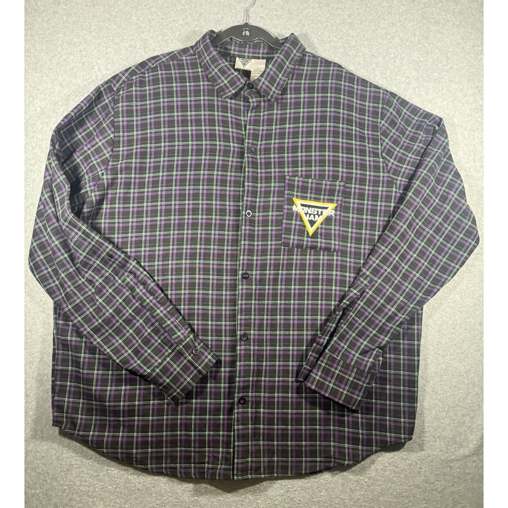 Monster Jam Grave Digger Men's 2XL Purple Plaid Long Sleeve Button-Up Pockets